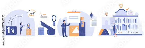 Financial analysis teamwork with magnifying glass charts documents and government building flat vector illustration of business people collaborating on economic review and data presentation