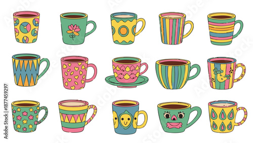 Colorful cartoon coffee mugs with various patterns and stripes