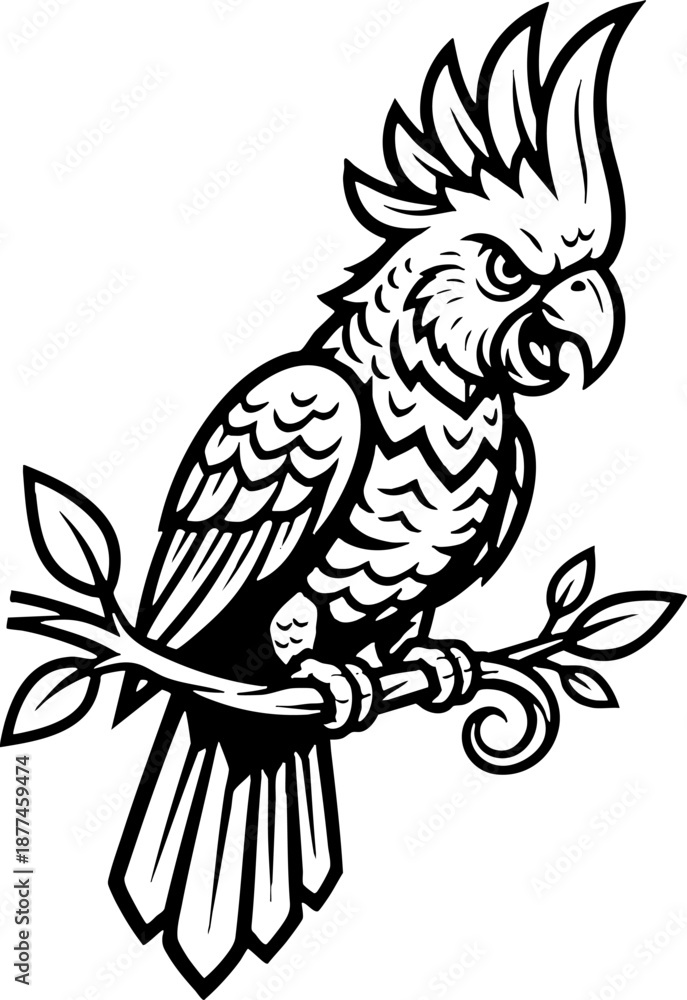 Obraz premium Aggressive Cockatoo Mascot Perched on a Tree Branch Drawing
