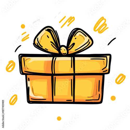 Hand drawn yellow gift box with ribbon bow sketch style doodle icon for celebration reward loyalty program concept illustration