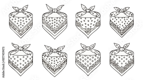 Eight bandanas with various polka dot and paisley patterns polka dots black and white line tied