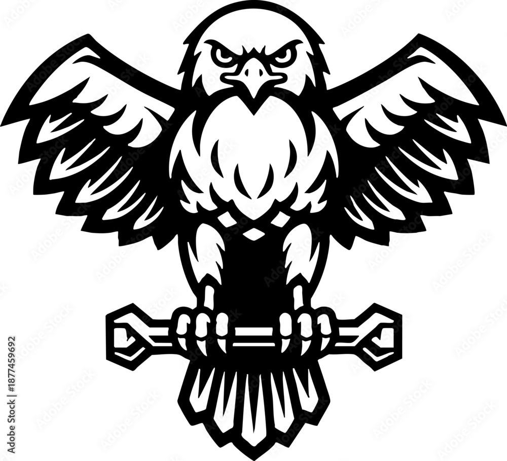 Fototapeta premium Aggressive Eagle Mascot Holding Wrench Vector Graphic Logo Design