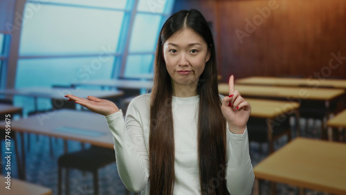 Obraz na plátne Asian woman gesturing stop with open palm in a classroom setting, expressing negation or disagreement indoors, highlighting her serious expression against a backdrop of empty desks