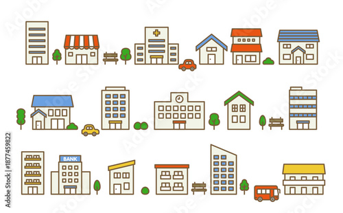 かわいい家と建物のアイコンセット｜住宅・施設 ベクター素材