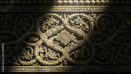 Ancient stone wall with intricate gothic carvings abstract background texture illuminated by sunlight