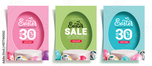 Easter Sale poster set clipart. Easter Sale podium banner clip art with egg shape template and stage dais promotion banner collection for limited time offer discount shopping design vector 
