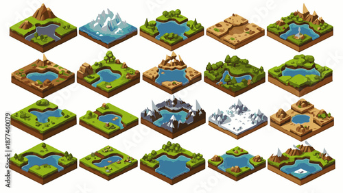 Isometric 3d terrain landscapes with lakes and mountains