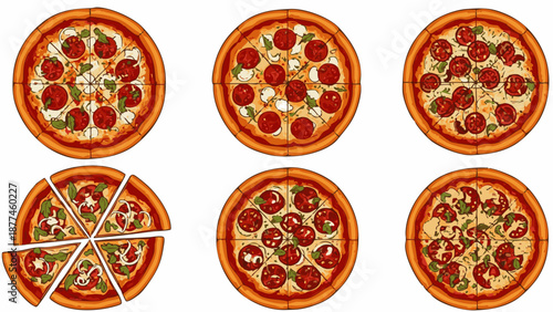 Six pizzas with various toppings on white background food cartoon tomatoes cheese