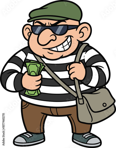 Cartoon thief character, striped shirt, green cap, sunglasses, holding money, mischievous grin, criminal icon, flat vector illustration