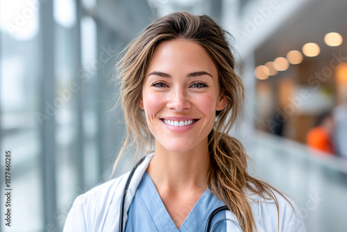 Friendly healthcare professional smiling in a modern hospital hallway Generative AI