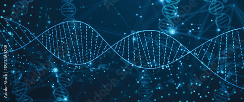 Futuristic molecules structure DNA strands, connected neural web