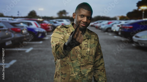 Man soldier in camouflage shows middle finger with bare finger toward camera in street parking lot while smiling and leaning forward; defiance resolve.