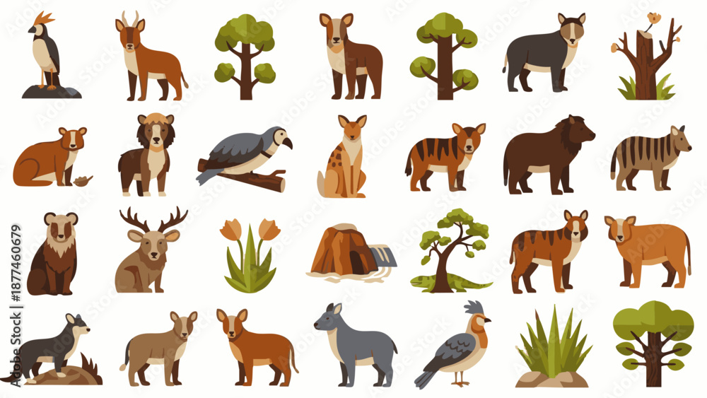 Obraz premium Various animals and plants on white background tree bird deer