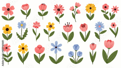 Colorful flowers in various shades of pink yellow blue on white background pink flowers yellow flowers