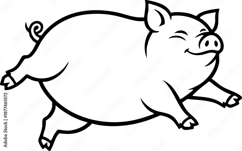 Fototapeta premium Cute happy pig running line art isolated cartoon illustration.