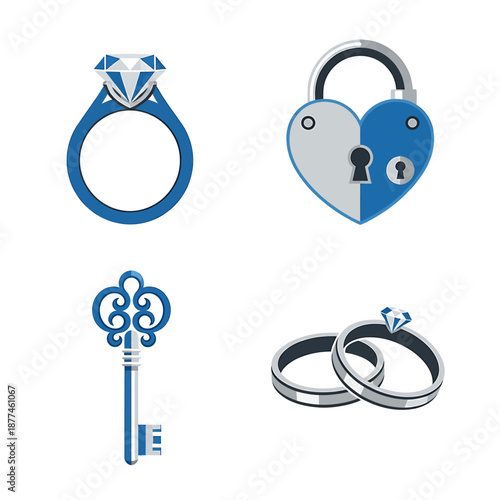 Diamond ring heart lock antique key and wedding rings.