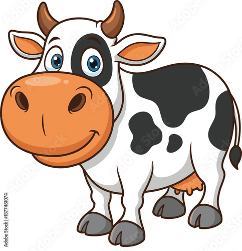 Cartoon cow character, orange snout, blue eyes, black spots, standing pose, farm animal, kids art, flat vector illustration