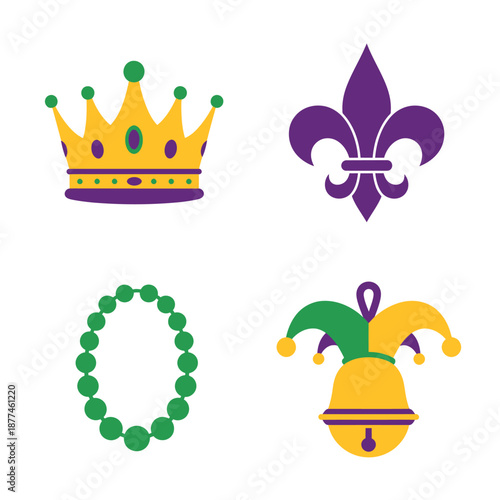 Mardi Gras symbols crown fleur de lis jester hat beads.
