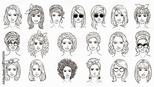 Black and white line of women with various hairstyles and accessories faces line black and white