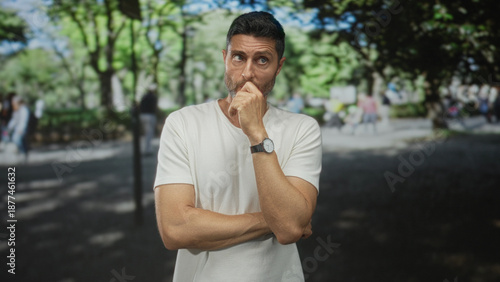 Man with hand on chin and crossed arms on street wearing white tshirt and wristwatch; quiet contemplation.