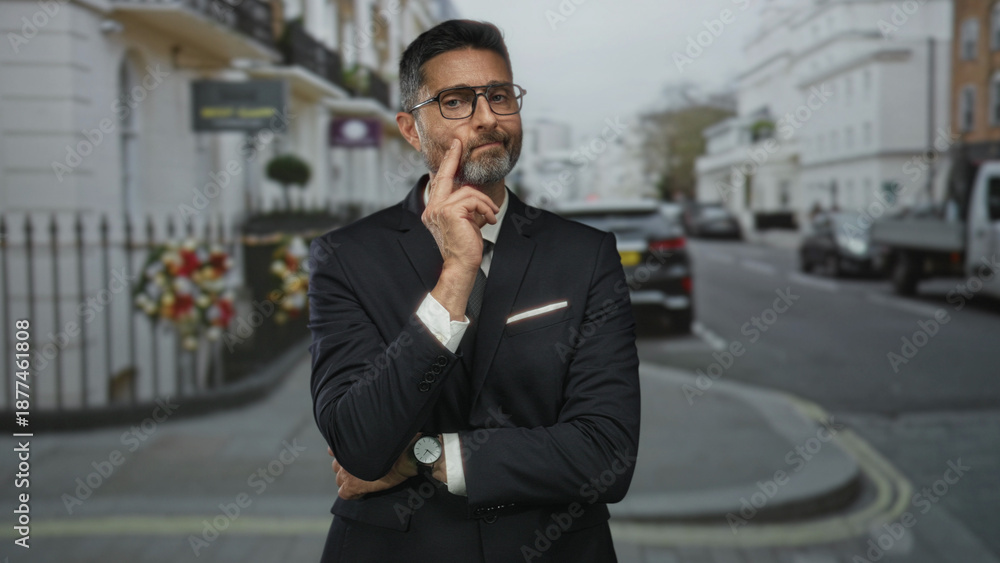 Φωτογραφία Man in suit with hand on chin and wristwatch, glasses visible, standing on a city street by parked cars and buildings; thoughtful confidence