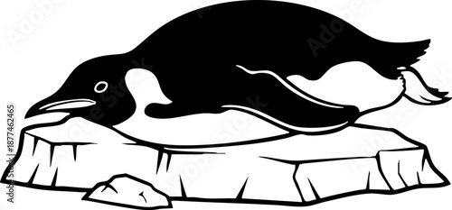 Penguin Sliding on Iceberg Monochromatic Vector Illustration