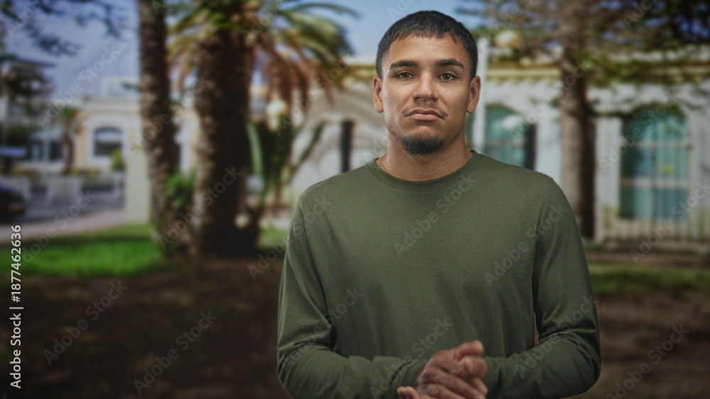 Fototapeta premium Man with hands clasped and a wry grimace, wearing an olive long sleeve shirt, standing near palm trees in front of a sunlit building; skepticism.
