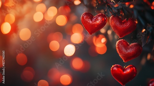Romantic heart shaped bokeh lights glowing on soft valentine background