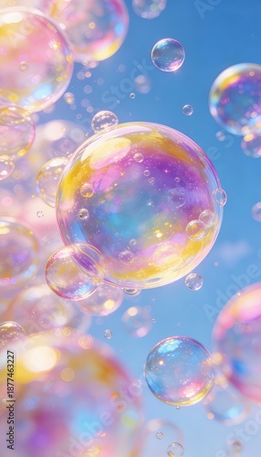 Wallpaper Mural Iridescent soap bubbles floating in blue sky with soft light reflections, abstract dreamy background for freshness, freedom, summer and creative design Torontodigital.ca