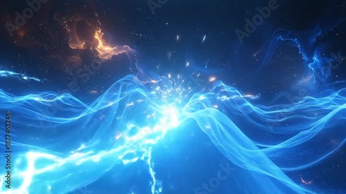 Abstract cosmic background with flowing blue energy waves and distant nebulae, creating a futuristic atmosphere.