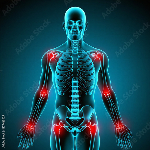 Human skeletal system with highlighted joints indicating pain and inflammation, a medical illustration