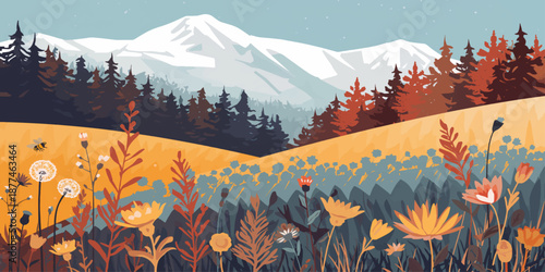 Scenic winter and autumn mountain landscape featuring snowy peaks, pine forests, and a wilderness view under a cloudy sky