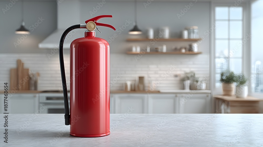 Obraz premium Red fire extinguisher standing on a modern kitchen counter with a blurred white kitchen interior in the background for safety concepts.