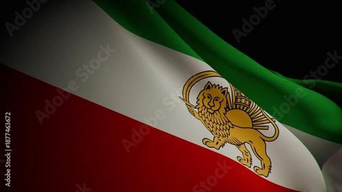A closeup, spotlight-lit realistic 3D animation of Iran's pre-1979 flag waving, featuring the central lion and sword emblem with smooth flowing motion and vibrant colors.  