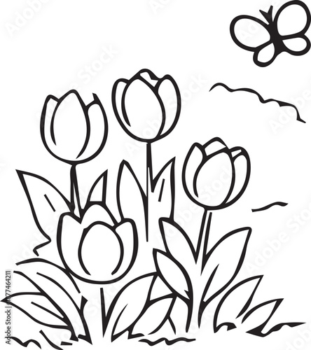 Black-and-white vector illustration of blooming tulips. Elegant line art floral design perfect for spring, gardening, botanical, educational and coloring projects.