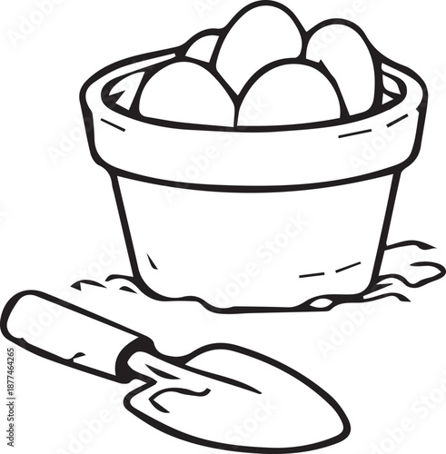 Black-and-white vector illustration of a flower pot with tulip bulbs and a garden trowel. Minimal line art for gardening, planting, spring, educational and DIY projects.