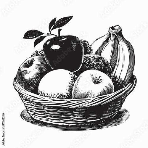 Fruit Basket With Apples, Bananas and Oranges Image Vector on white Background