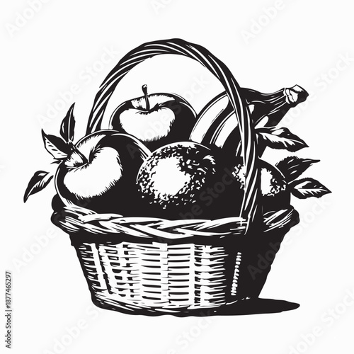 Fruit Basket With Apples, Bananas and Oranges Image Vector on white Background