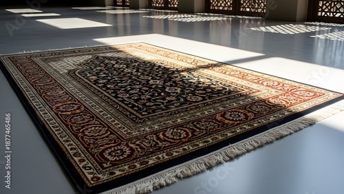 Intricately designed oriental rug on a gray floor with sunlight