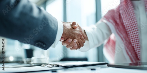 Saudi business professionals confirming agreement with formal handshake