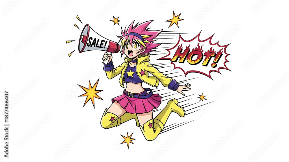 Naklejka premium Cartoon character in dynamic pose holding megaphone shouting sale announcement surrounded by motion stars
