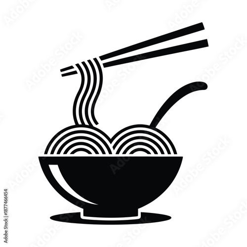 Black and white illustration of noodles in bowl with chopsticks  Asian food icon