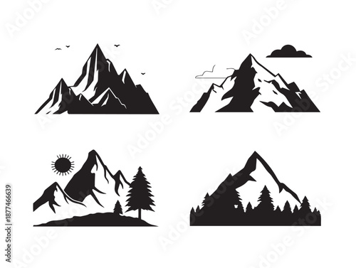 A lovely set of four beautiful mountain silhouette vector icons