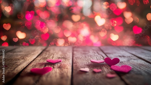 Wooden table with defocused pink red hearts background