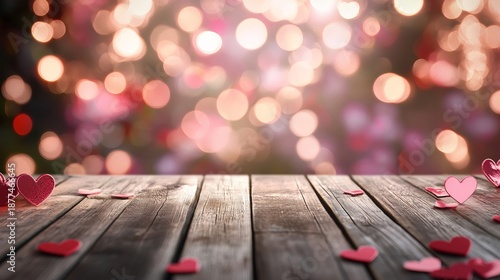 Wooden table with defocused pink red hearts background