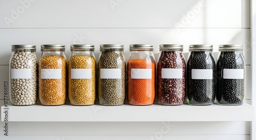 Assortment of Legumes and Beans in Glass Jars with White Labels on Pantry Shelf