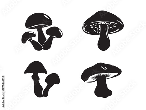 A beautiful collection of four elegant solid black mushroom cluster graphics