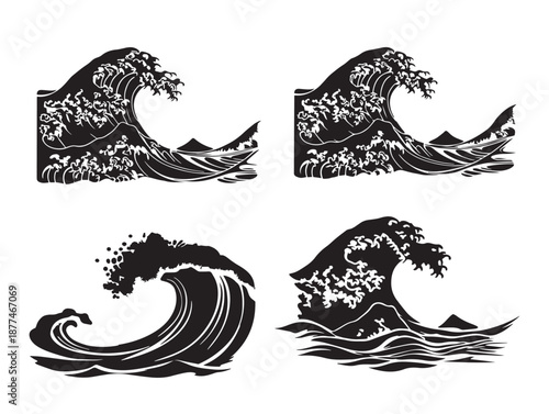 A gorgeous set of four powerful black curling wave silhouette illustrations