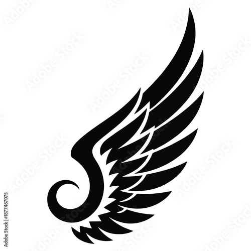 Elegant black wing feather plume fly soaring flight freedom artistic abstract decoration tattoo heraldry graphic design silhouette vector illustration