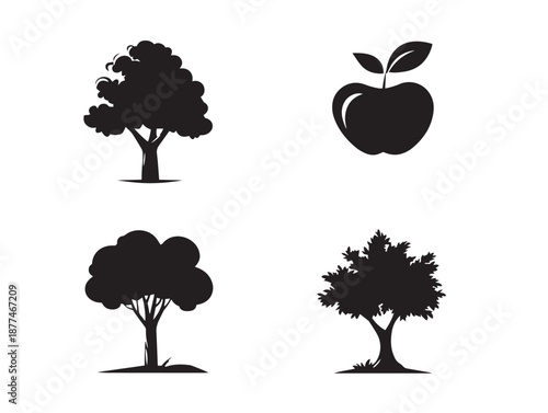 A nice set of four detailed black organized orchard tree silhouette icons